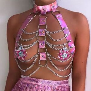 😻Halter Color Body Harness Chain Holographic Belt